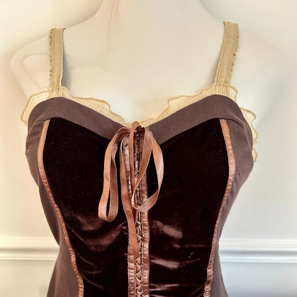 Hugo Boss Corset Tank Top Velvet Brown with Laced Stripes and Silk Detailing L - Picture 2 of 5